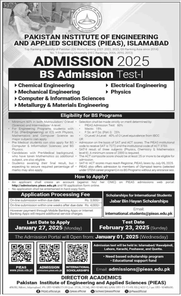 Admissions Open At Pakistan Institute of Engineering and Applied Sciences (PIEAS), Islamabad