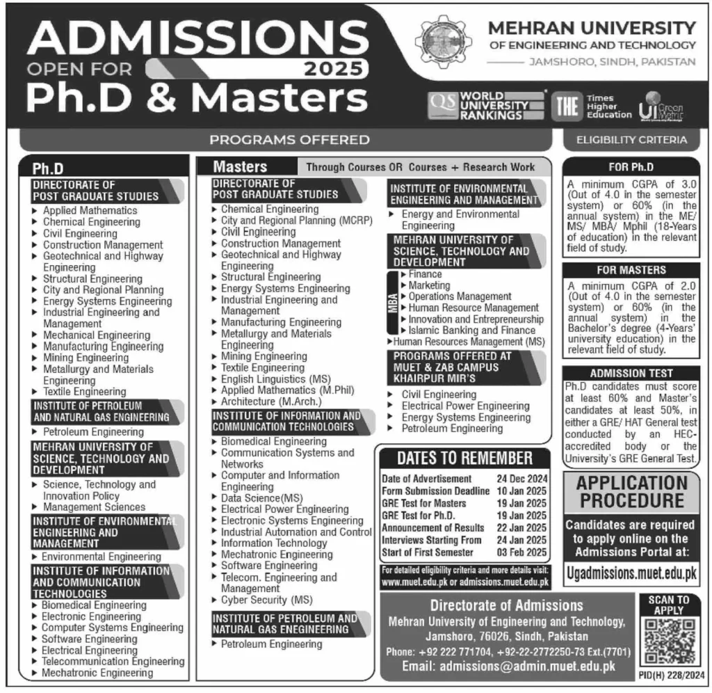 Admissions Open For Mehran University of Engineering and Technology 2025