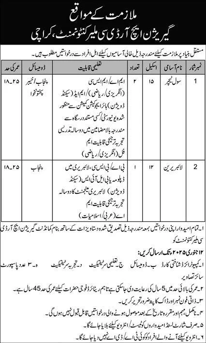 Civil Teacher And  Librarian Jobs at Garrison HRDC Malir Cantonment Karachi 