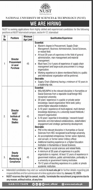 Director And Deputy Director Jobs At NUST