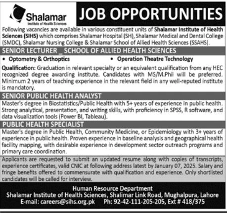 Lecturer Opportunities at Shalamar Institute of Health Sciences