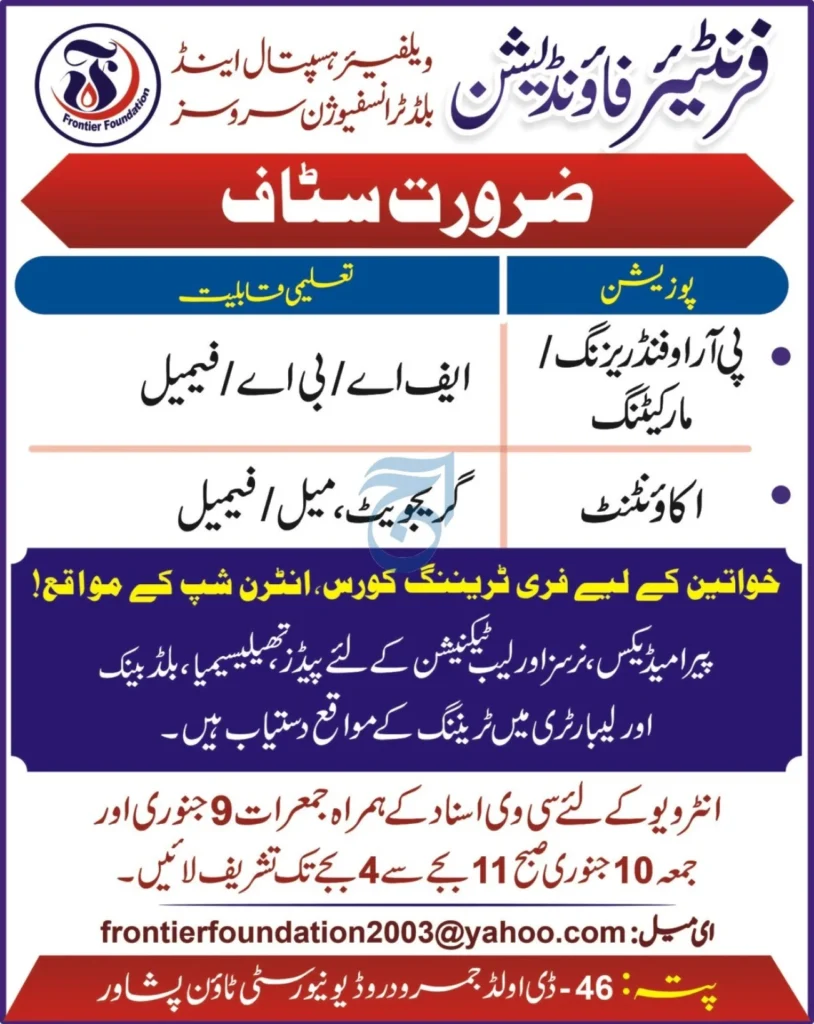 Job Opportunities at Welfare Hospital & Frontier Foundation Peshawar 2025