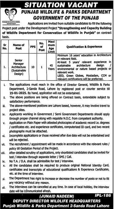 Apply Now For Senior Manager Architecture Role at Punjab Wildlife Department 2025