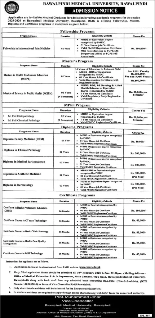 Apply Now Rawalpindi Medical University Admissions 2025-2026