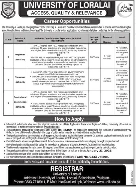 Apply for Registrar, Treasurer, & Controller of Examination Jobs at University of Loralai 2025