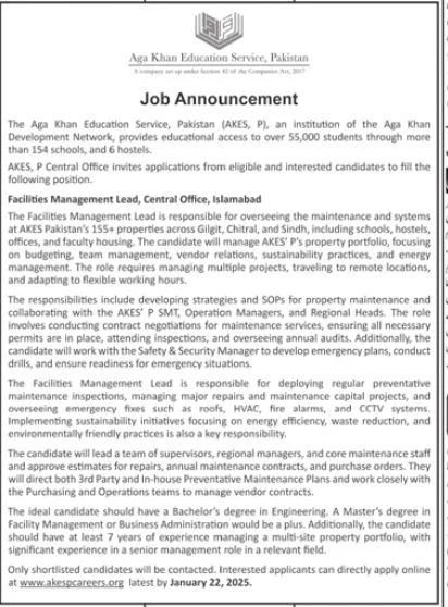 Apply for the Facilities Management Lead role at Aga Khan Education Service, Pakistan 2025