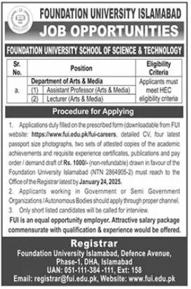 Assistant And Lecturer Job Opportunitie At Foundation University Islamabad 2025