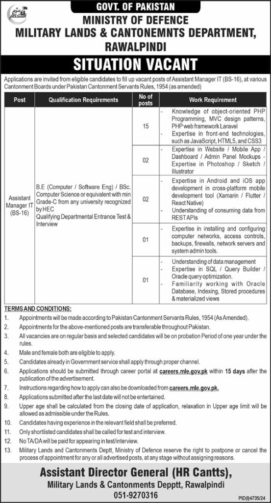 Assistant Manager IT Job At Ministry of Defence, Military Lands and Cantonments Department, Rawalpindi 2025