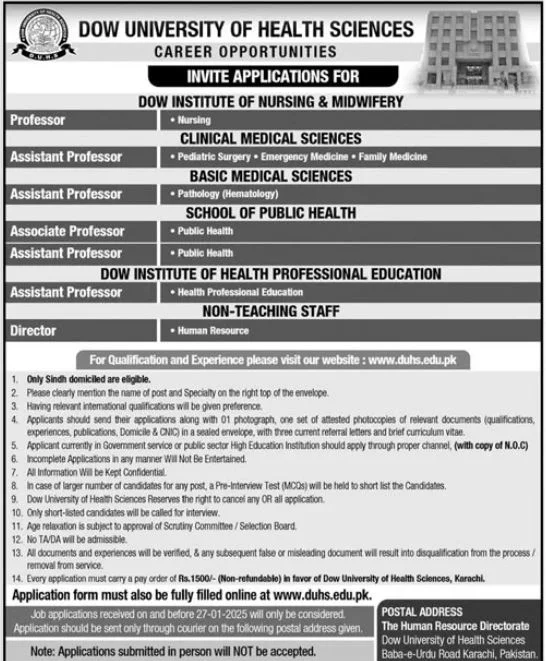 Assistant Professor, Director And Non-Teaching Staff Required At Dow University of Health Sciences Karachi 2025