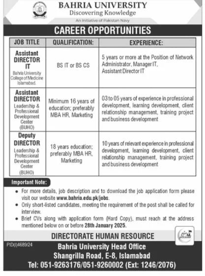 Bahria University Islamabad Jobs For Assistant Director and Deputy Director 2025