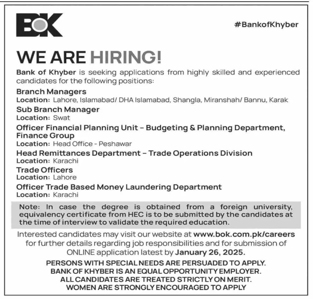 Bank of Khyber Jobs For Branch Managers,Sub-Branch Manager,Trade Officers And More 2025