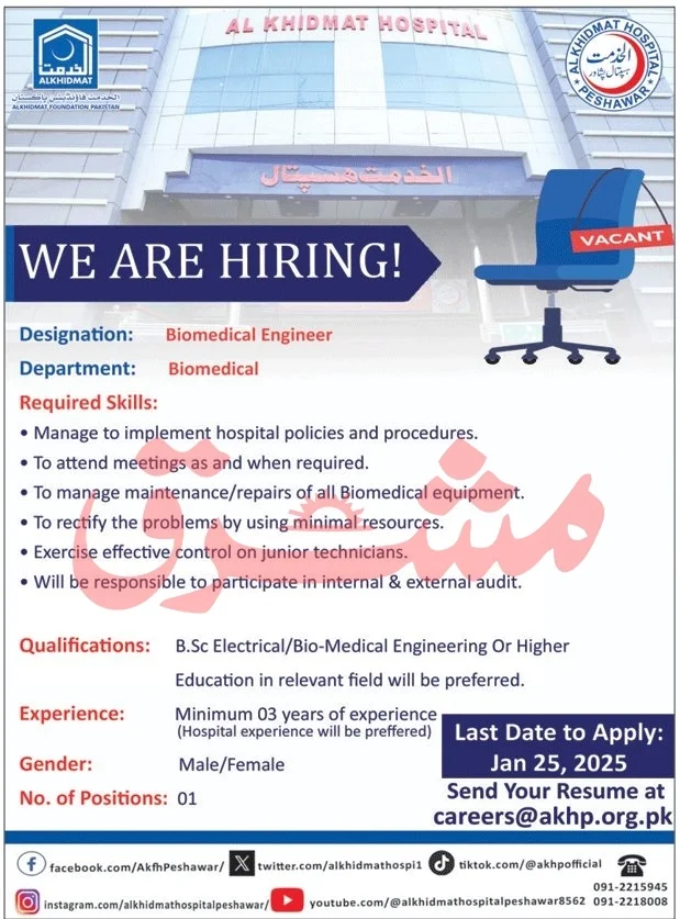 Biomedical Engineer Job Opening at Al Khidmat Hospital Peshawar 2025