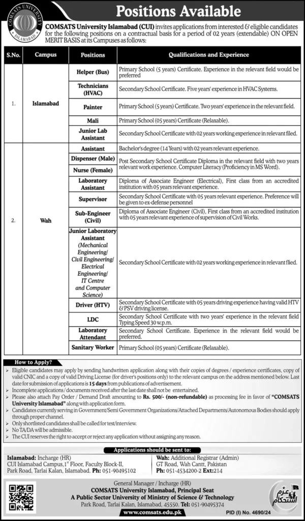 COMSATS University Islamabad Job Openings for Technicians, Assistants & More 2025