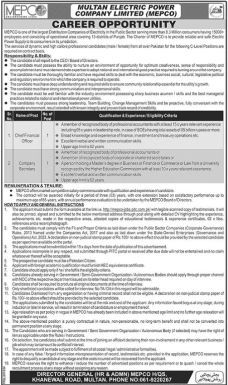 Chief Financial Officer And Company Secretary Jobs At Multan Electric Power Company Limited (MEPCO) 2025