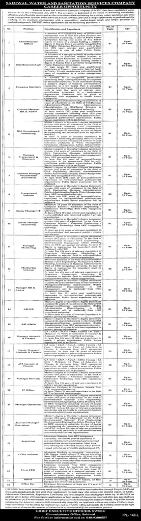 Chief Financial Officer, Chief Internal Audit, Company Secretary,General Manager HR & Admin Jobs at Sahiwal Water and Sanitation Services Company (SWSSC) 2025