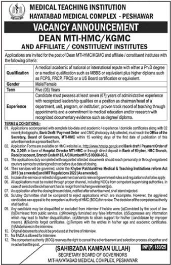 Dean Position at Hayatabad Medical Complex HMC Peshawar 2025