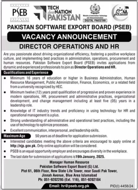 Director Operations and HR Jobs At Pakistan Software Export Board (PSEB)