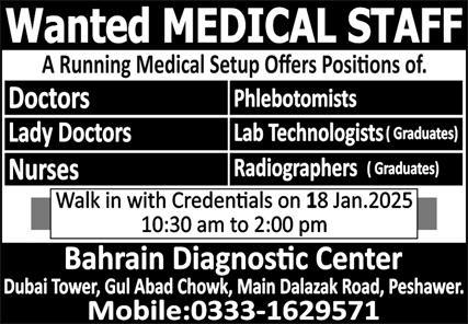  Doctors, Nurses & Medical Staff Jobs at Bahrain Diagnostic Center, Peshawar 2025