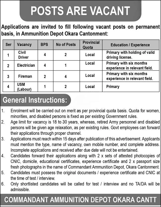 Driver, Electrician, Fireman, and more Job Vacancies at Ammunition Depot Okara Cantonment 2025