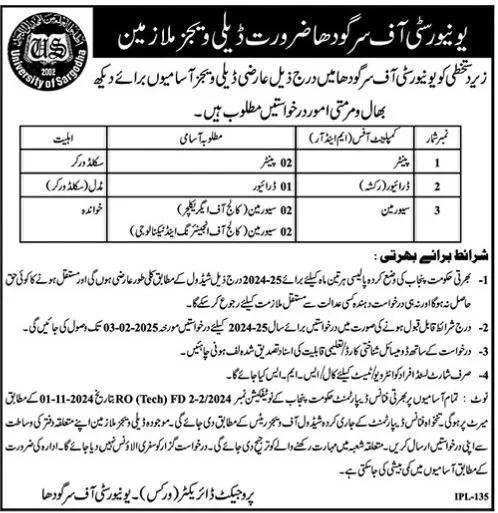 Driver and Skilled Worker Positions Available at University of Sargodha 2025