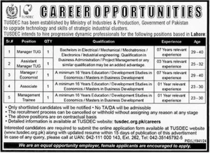 Exciting Career Opportunities for Manager TUG, Economist & More at TUSDEC Lahore 2025