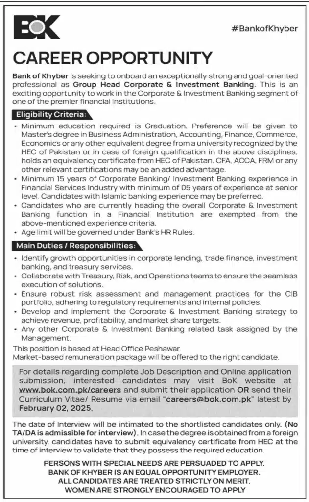 Exciting Corporate Banking Career at Bank of Khyber – Apply Today!