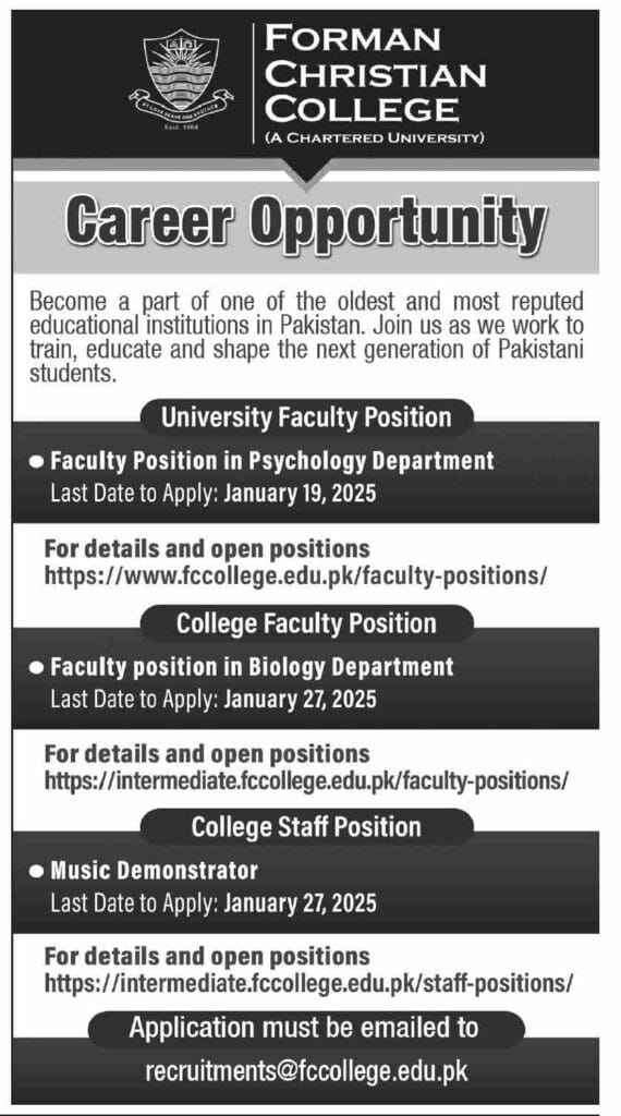  Faculty & Staff Jobs at Forman Christian College Karachi 2025