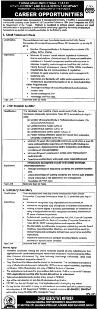 Faisalabad Industrial Estate Development FIEDMC Jobs 2025 Financial Officer, Internal Auditor and More