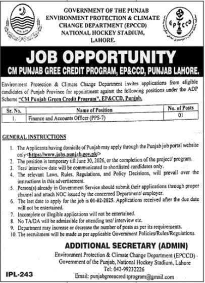 Finance and Accounts Officer Job Opportunity At Environment Protection & Climate Change EP&CDD CM Punjab Green Credit Program 2025