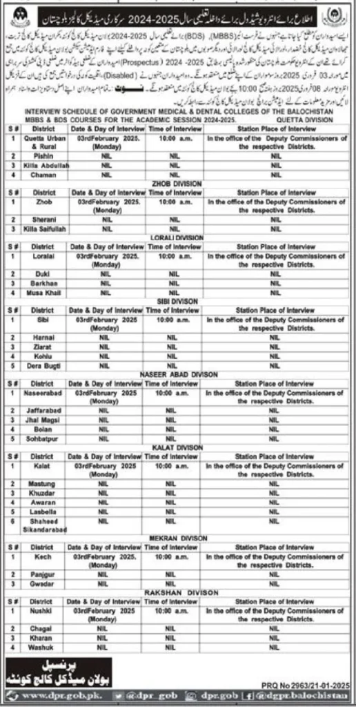 Government Medical College Balochistan MBBS Admission Interview Schedule 2024-2025