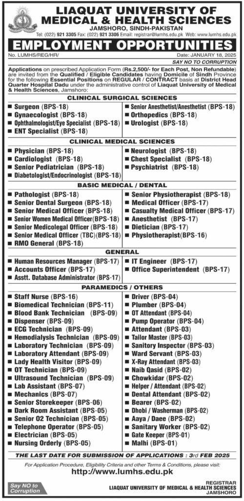 Healthcare Jobs at LUMHS Jamshoro - Regular & Contract Vacancies Open