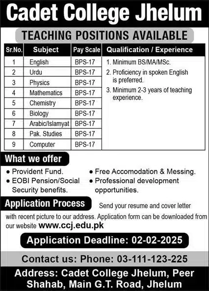 Hiring Teachers for English, Physics, Mathematics, and Other Subjects at Cadet College Jhelum 2025