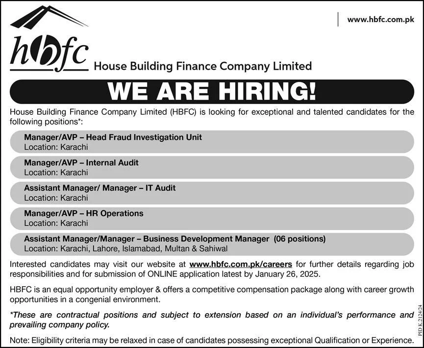 House Building Finance Company Limited (HBFC) in Karachi Jobs For Manager And Assistant Manager 2025