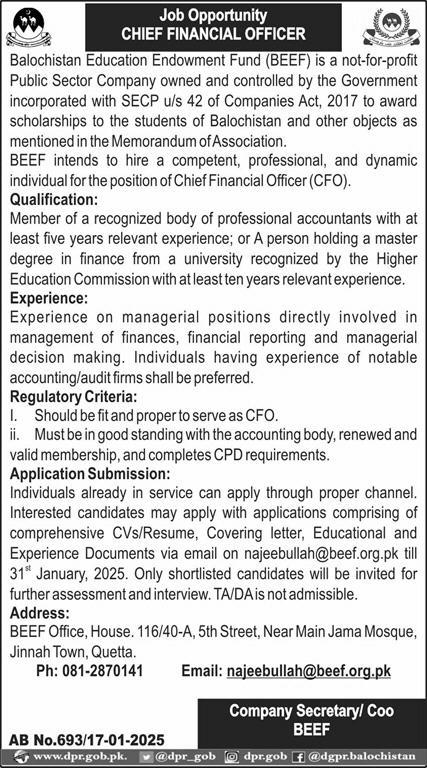 Job Opening for Chief Financial Officer (CFO) at Balochistan Education Endowment Fund (BEEF) 2025