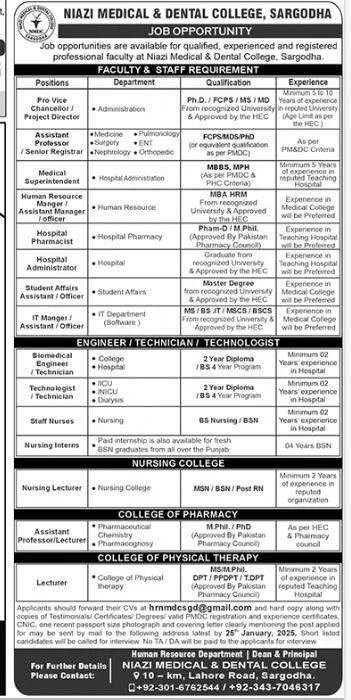 Job Opportunities at Niazi Medical & Dental College, Sargodha - Faculty & Staff Recruitment 2025