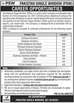 Jobs At Pakistan Single Window (PSW)  Apply for IT, Design, and Fintech 