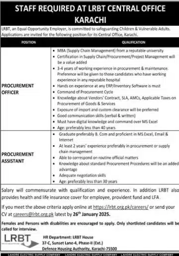 Join LRBT Karachi Exciting Procurement Job Opportunities Await!