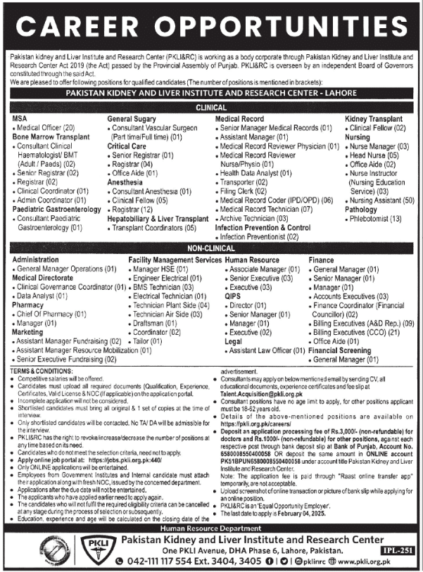 Join Pakistan Kidney and Liver Institute (PKLI)  Healthcare and Administration Positions Available 2025