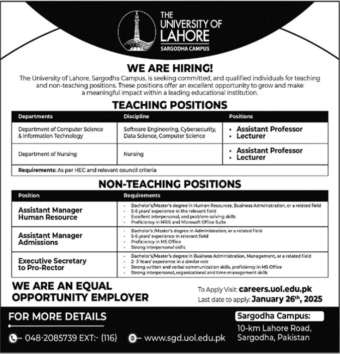 Join The University of Lahore Sargodha Campus Teaching & Non-Teaching Jobs 2025