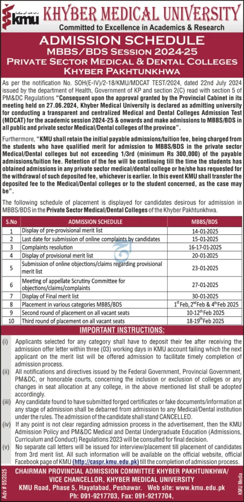 Khyber Medical University MBBSBDS Admission Schedule 2024-25