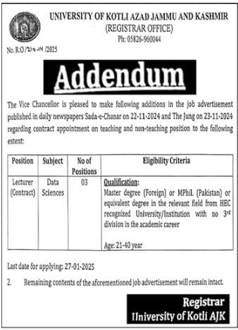 Lecturer Positions in Data Sciences at University of Kotli Azad Jammu and Kashmir 2025