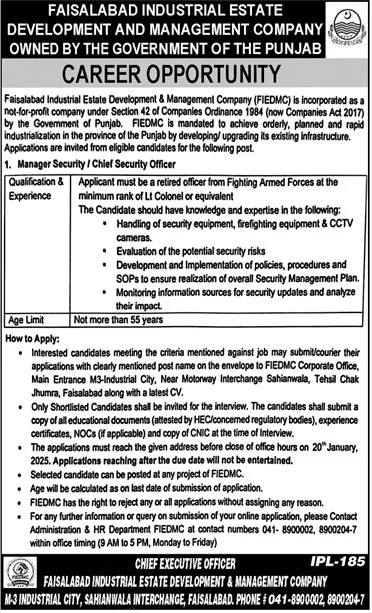 Manager SecurityChief Security Officer Job At Faisalabad Industrial Estate Development and Management Company (FIEDMC) 2025