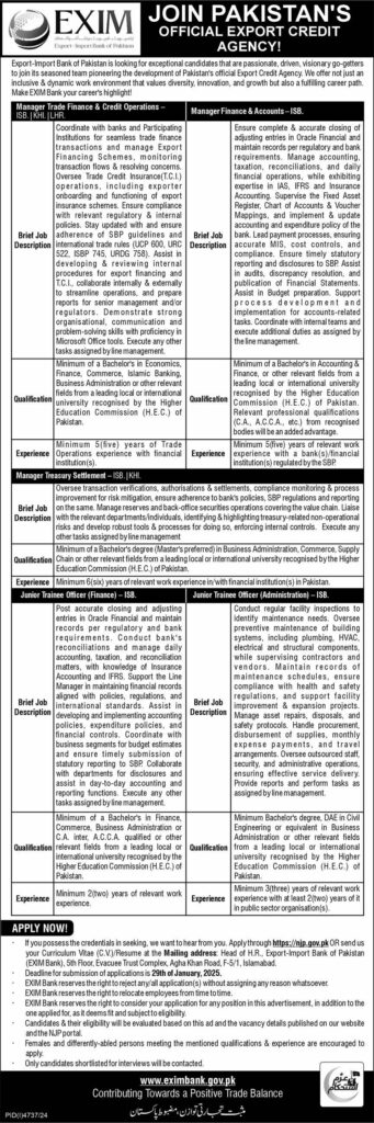 Managers and Junior Trainee Officers Jobs at Export-Import Bank of Pakistan (EXIM) 2025