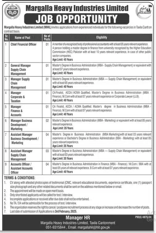 Margalla Heavy Industries Hiring for CFO, Managers, Account Officers, and More