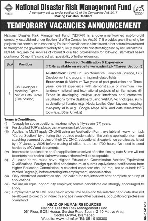 National Disaster Risk Management Fund (NDRMF) Jobs for GIS DeveloperModeling Expert 2025