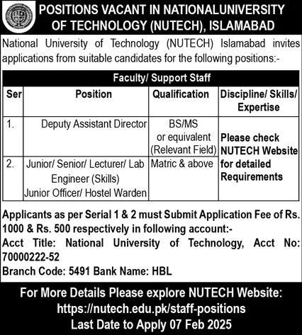 National University of Technology (NUTECH), Islamabad Jobs For Deputy Assistant Director, Lecturer And More 2025