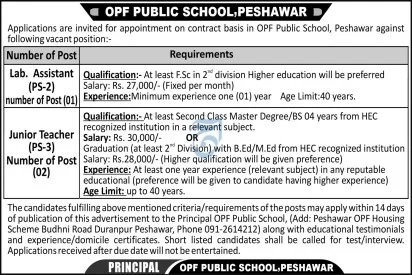 OPF Public School Peshawar Vacancies – Lab Assistant & Junior Teacher 2025