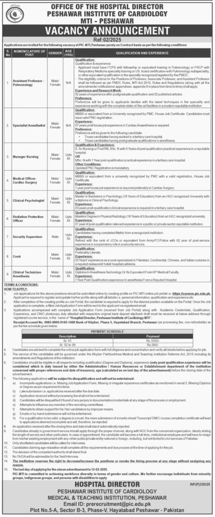 Peshawar Institute of Cardiology Job Openings for Assistant Professor, Nurses, Medical Officers & More 2025