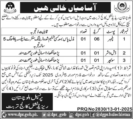 Plumber, Dishwasher, Sweeper Jobs At Balochistan Residential College Turbat 2025