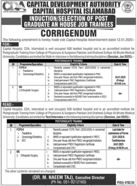 Postgraduate Training Induction at Capital Hospital Islamabad January 2025